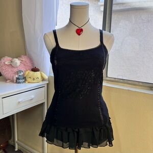 Rampage spaghetti strap goth black cami top floral lace & sparkly trim size M